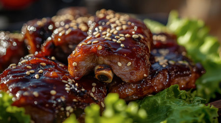 Indulge in delicious glazed barbecue ribs resting on fresh green lettuce leaves, ideal for summer gatherings, parties, and outdoor dining experiences.の素材
