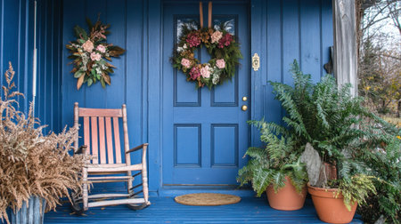A charming blue front door adorned with a floral wreath and surrounded by lush green ferns and a rustic rocking chair, creating a welcoming outdoor space.の素材