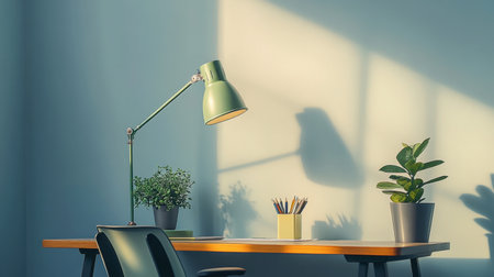 A bright and inviting home office scene featuring a green desk lamp, indoor plants, and organized stationery. Perfect for promoting productivity and creativity.の素材