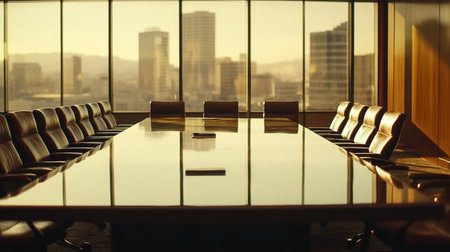 A spacious conference room featuring a long table and comfortable chairs. Large windows showcase a stunning city view, creating a professional and inspiring environment.の素材