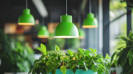 A captivating scene featuring vibrant green hanging lamps illuminating lush indoor plants in a stylish cafe, creating a cozy and inviting atmosphere.の素材