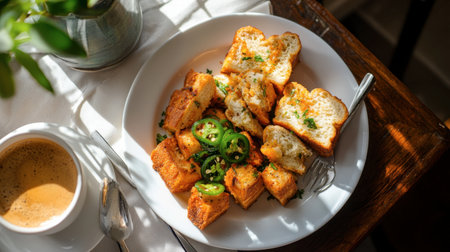 This appetizing dish features crispy savory bread cubes topped with fresh jalapeの素材