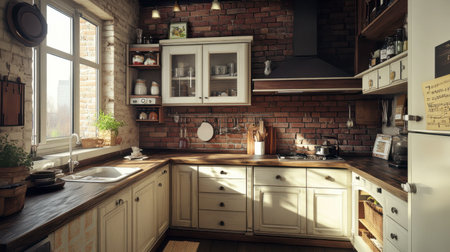 This cozy rustic kitchen features warm wooden accents and a charming brick wall. Sunlight streams in, enhancing the inviting atmosphere perfect for cooking and gathering.の素材