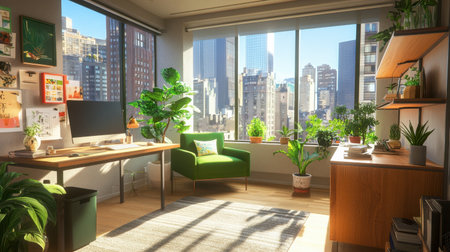 A stunning modern office space featuring lush plants, abundant natural light, and a breathtaking city view, ideal for inspiration and creativity in urban living.の素材