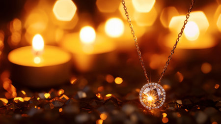 A stunning necklace pendant sparkles beautifully against a backdrop of warm candle lights and golden decor, creating an elegant atmosphere perfect for celebrations.の素材