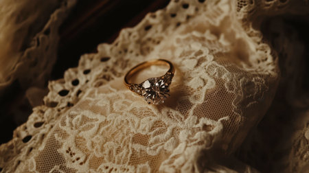 A stunning diamond ring rests elegantly on a delicate lace fabric, showcasing its brilliance and intricate design, perfect for wedding and engagement themes.の素材