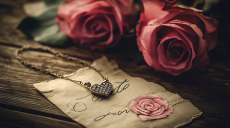 A beautifully arranged heart-shaped necklace resting on a vintage letter surrounded by soft pink roses, creating a romantic and sentimental atmosphere.の素材