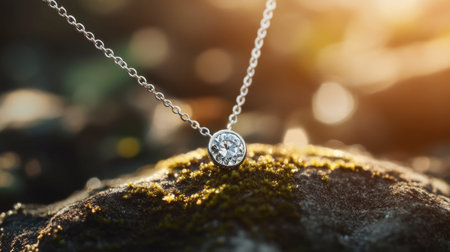 An elegant silver necklace featuring a sparkling diamond pendant, resting gently on a moss-covered stone. The warm light enhances the beauty of the jewelry, creating a stunning focal point.の素材