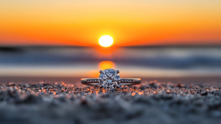 A breathtaking close-up of a diamond ring resting on sandy beach at sunset. The vibrant colors of the sky enhance the romantic atmosphere, perfect for engagements.の素材