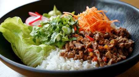 A vibrant bowl featuring fluffy rice topped with savory beef, fresh vegetables, and aromatic herbs, perfect for a delicious and satisfying meal.の素材