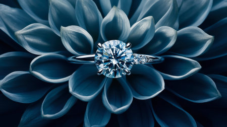 This stunning image features an elegant diamond ring resting on a beautiful blue flower, symbolizing luxury and romance. Perfect for jewelry promotions.の素材