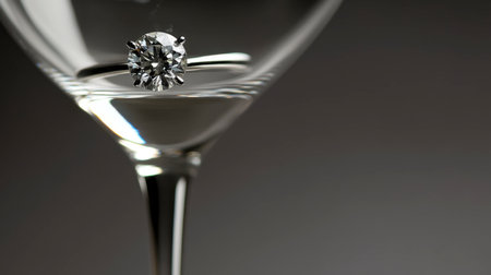 A stunning close-up of a sparkling diamond resting elegantly in a wine glass, showcasing luxury and beauty against a dark background, ideal for designs focused on refinement and celebration.の素材