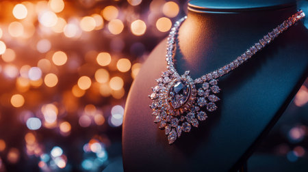 A stunning diamond necklace showcased on a mannequin in a soft focus setting, highlighting elegance and luxury. Ideal for fashion and jewelry themes.の素材