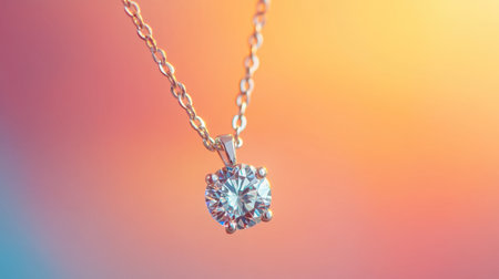 A stunning diamond pendant necklace suspended gracefully, set against a vibrant colorful background, showcasing its elegance and shine. Perfect for any occasion.の素材