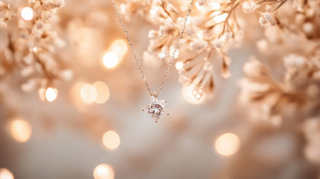 A stunning close-up of an elegant snowflake necklace, surrounded by soft bokeh lights and delicate floral accents, perfect for winter and holiday themes.の素材