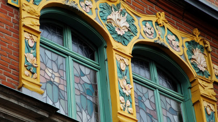 Captivating architectural details adorn the facade of a historic building, featuring colorful windows and intricate designs that showcase artistic heritage.の素材