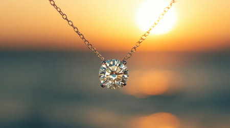 A captivating close-up of a diamond pendant necklace shimmering in the golden glow of a sunset. The serene backdrop enhances the elegance of this luxurious piece.の素材