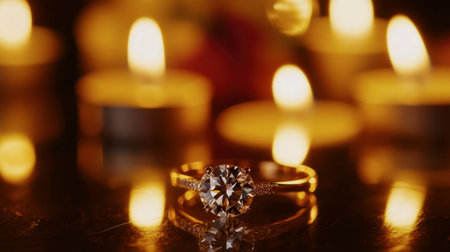 A stunning diamond ring captures attention against a backdrop of soft candlelight, highlighting its brilliance and elegance, perfect for any romantic occasion.の素材