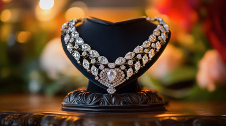 A stunning diamond necklace displayed elegantly on a black bust. The intricate design glistens against a soft floral background, embodying luxury and beauty.の素材