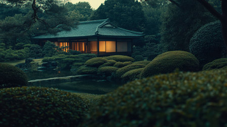 A serene Japanese garden at dusk featuring a traditional house surrounded by meticulously trimmed greenery and a tranquil pond, inviting peace and reflection.の素材