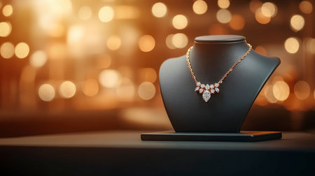 A beautifully crafted diamond necklace displayed on a sleek black bust, showcasing its elegance and brilliance. Perfect for highlighting luxury jewelry.の素材
