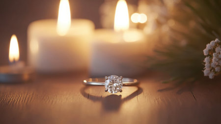 An elegant diamond engagement ring beautifully highlighted by soft candlelight, creating a romantic and serene atmosphere perfect for intimate moments.の素材