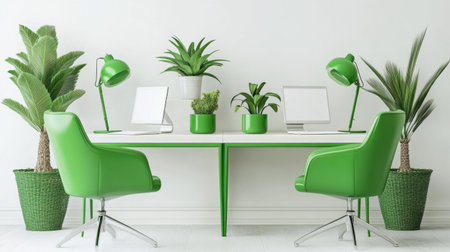 A modern office space featuring a clean white background, stylish green chairs, and various indoor plants. This setup promotes creativity and tranquility.の素材