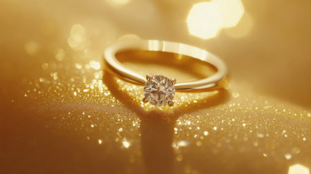 This stunning diamond ring is displayed against a shimmering golden backdrop, highlighting its elegance and brilliance. Perfect for luxury and romance themes.の素材