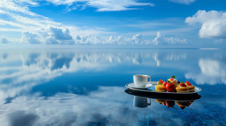 Enjoy a tranquil morning scene featuring coffee and pastries beside a stunning ocean view, reflecting the serene beauty of nature and a perfect getaway experience.の素材