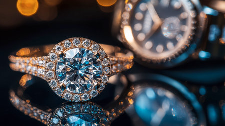 A captivating closeup of an elegant diamond ring surrounded by a luxurious watch, showcasing stunning details and brilliance that symbolize beauty and sophistication.の素材