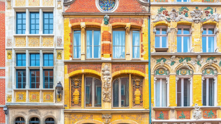 Discover the vibrant and intricate facades of historic buildings showcasing colorful architecture. This image captures the beauty of urban heritage and artistic detail.の素材
