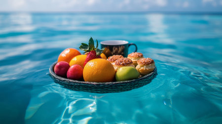 A beautiful arrangement of fresh fruits and pastries on a tray floating in clear blue water, evoking a sense of relaxation and indulgence in a tropical paradise.の素材