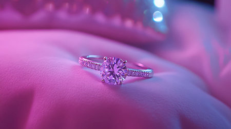 A stunning diamond ring resting on soft fabric, showcasing its brilliance. The colorful lighting creates a romantic and elegant atmosphere, perfect for jewelry lovers.の素材