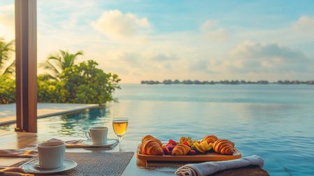 Enjoy a tranquil breakfast setting by the poolside, featuring fresh croissants, a refreshing drink, and a stunning ocean view under soft sunlight. The scene captures ultimate relaxation and luxury.の素材