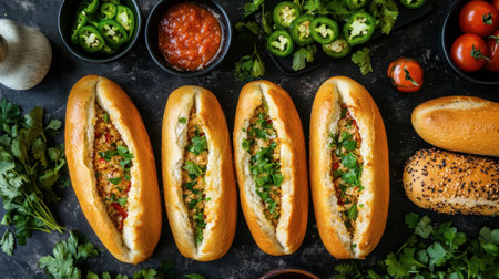 A mouthwatering display of gourmet hot dogs topped with fresh cilantro, jalapenos, and salsa, surrounded by vibrant ingredients on a dark background.の素材
