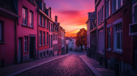 Experience the tranquil beauty of a cobblestone street at twilight, featuring vibrant houses and a colorful sunset that illuminates the peaceful scene.の素材