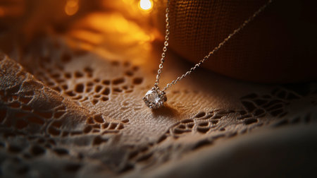 A stunning diamond pendant necklace rests on intricate lace, illuminated by soft warm lighting, creating a captivating and elegant atmosphere perfect for jewelry lovers.の素材