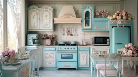 This delightful vintage kitchen features charming light blue cabinets and floral accents, creating a cozy ambiance perfect for cooking and entertaining.の素材