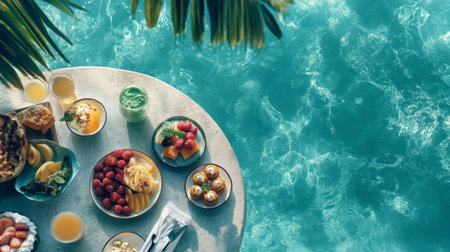 A stunning poolside brunch spread featuring fresh fruits, delicious snacks, and refreshing drinks, perfect for summer gatherings and relaxation.の素材