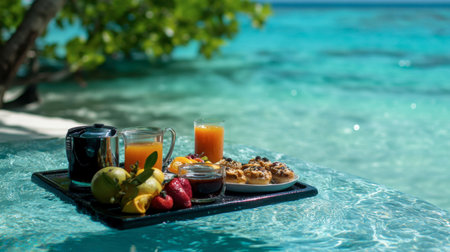 Enjoy a vibrant tropical breakfast featuring fresh fruits, juice, and coffee on a tray beside the crystal-clear ocean, surrounded by nature's beauty.の素材