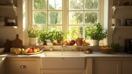 A serene kitchen bathed in natural light features a sunlit windowsill filled with fresh fruits and herbs, creating a warm and inviting atmosphere perfect for cooking.の素材