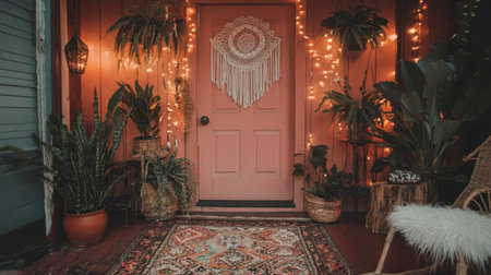 A cozy home entrance featuring vibrant plants and warm lighting creates a tranquil atmosphere. The stylish decor invites creativity and comfort, perfect for any aesthetic.の素材