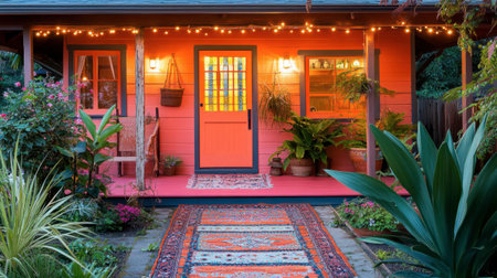A charming colorful house featuring a welcoming porch, lush plants, and vibrant decorations. This inviting outdoor space radiates warmth and style.の素材