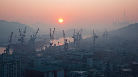 This captivating image features a serene industrial landscape at sunset. Cranes silhouette against the misty harbor, while the sun sets beautifully over the horizon, providing a tranquil atmosphere.の素材