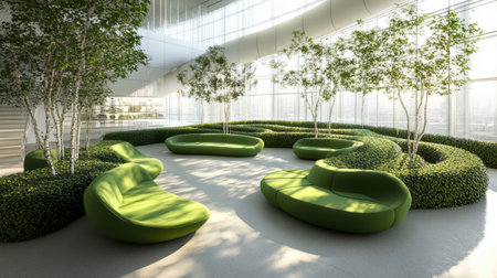 Discover a serene modern lounge area featuring unique curved seating surrounded by lush greenery and indoor trees, promoting relaxation and creativity in an innovative space.の素材