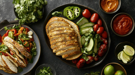 A beautifully arranged platter featuring sliced chicken served with fresh vegetables and vibrant condiments, perfect for a healthy meal or gathering.の素材