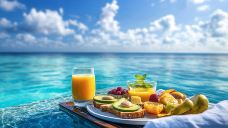 Enjoy a vibrant tropical breakfast by the poolside, featuring fresh fruits, avocado toast, and refreshing drinks against a stunning ocean backdrop.の素材