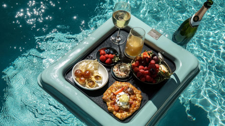 A luxurious poolside brunch featuring an array of fresh fruits, gourmet dishes, and refreshing drinks, perfect for a sunny day by the water.の素材