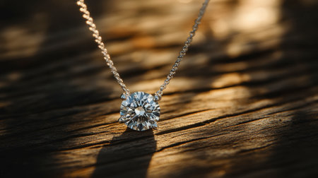 A stunning diamond pendant necklace beautifully displayed on a wooden surface, illuminated by soft natural light, showcasing its sparkle and elegance.の素材