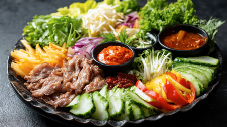 A vibrant platter featuring fresh vegetables, tender meat, and flavorful sauces. Perfect for sharing in gatherings or as a gourmet appetizer.の素材